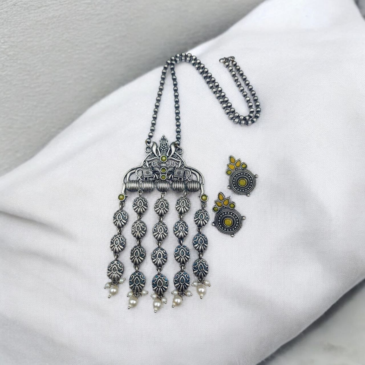 Oxidized Elephant Necklace Set | Unique Long Dangler Silver Touch Jewelry