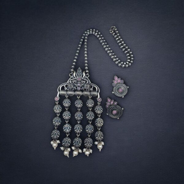 Oxidized Elephant Necklace Set | Unique Long Dangler Silver Touch Jewelry - "Babypink"