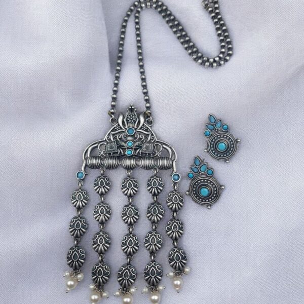 Oxidized Elephant Necklace Set | Unique Long Dangler Silver Touch Jewelry - "Aqua"