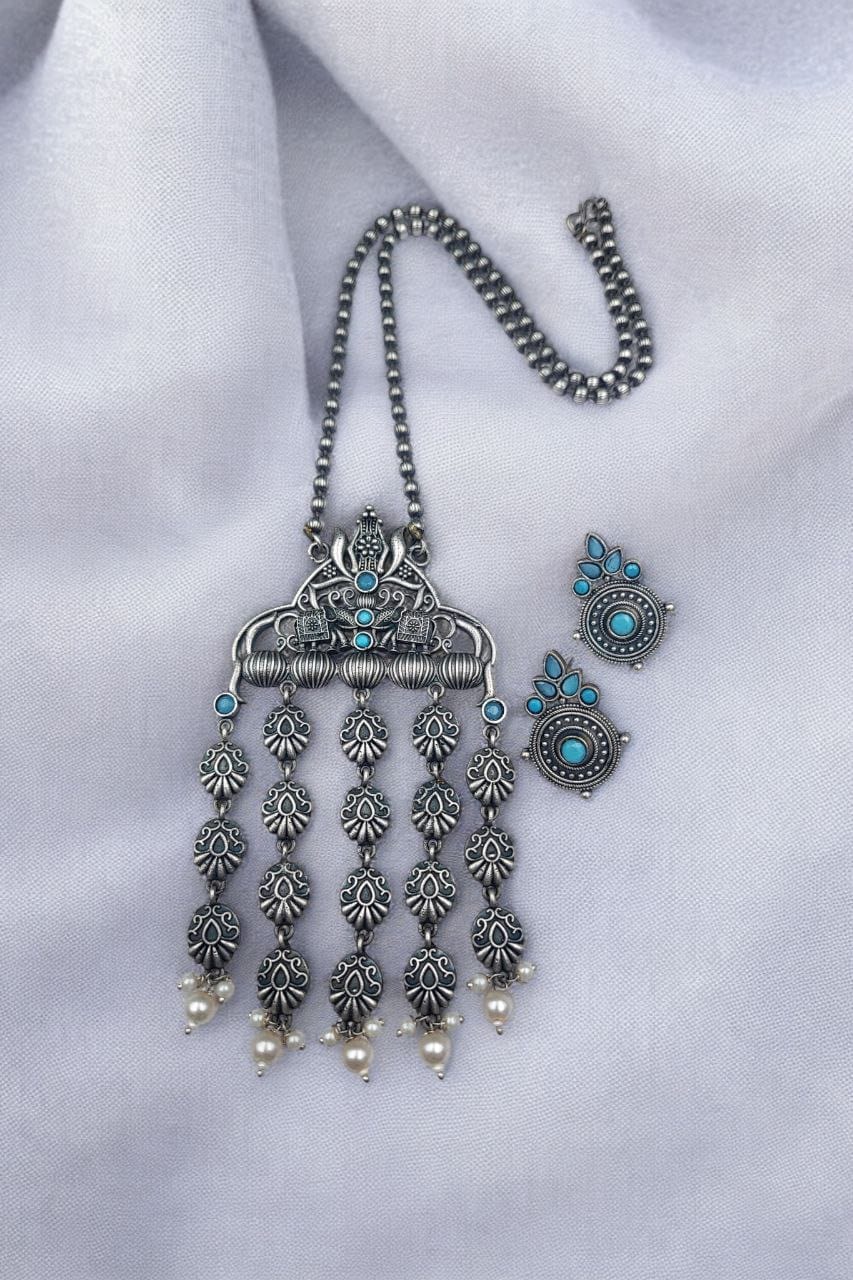 Oxidized Elephant Necklace Set | Unique Long Dangler Silver Touch Jewelry - Image 2