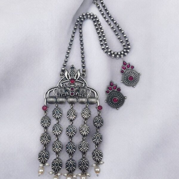 Oxidized Elephant Necklace Set | Unique Long Dangler Silver Touch Jewelry - "Red"