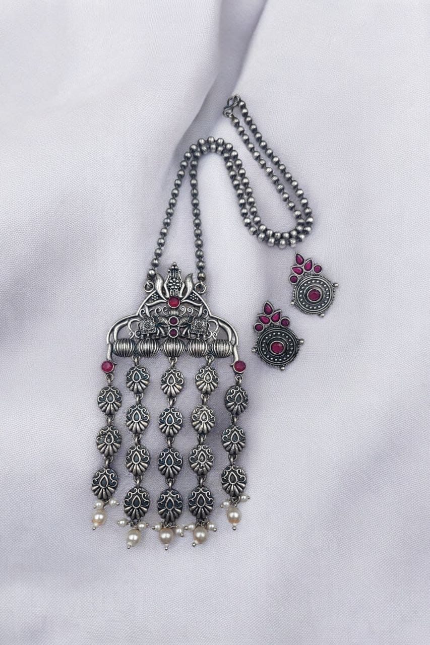 Oxidized Elephant Necklace Set | Unique Long Dangler Silver Touch Jewelry - Image 5