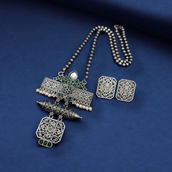 Silver Look Necklace Set | Premium Unique Oxidized Pendant With Earrings - "Green"
