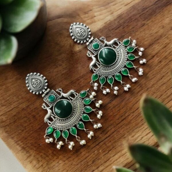 Deer Earrings | Premium Design Silver Replica Unique Oxidised Monalisa Stone - "Green"