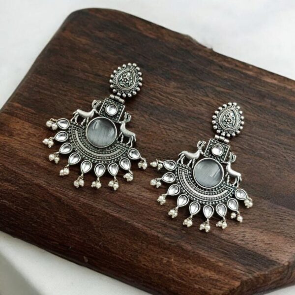 Deer Earrings | Premium Design Silver Replica Unique Oxidised Monalisa Stone - "Grey"
