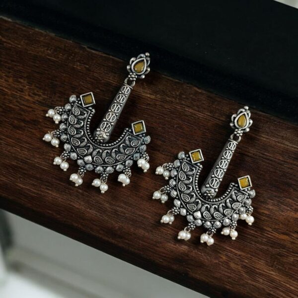 Vintage look Silver Replica Earrings | Adorable Boho Inspire Oxidized Dangler Studs - "Yellow"