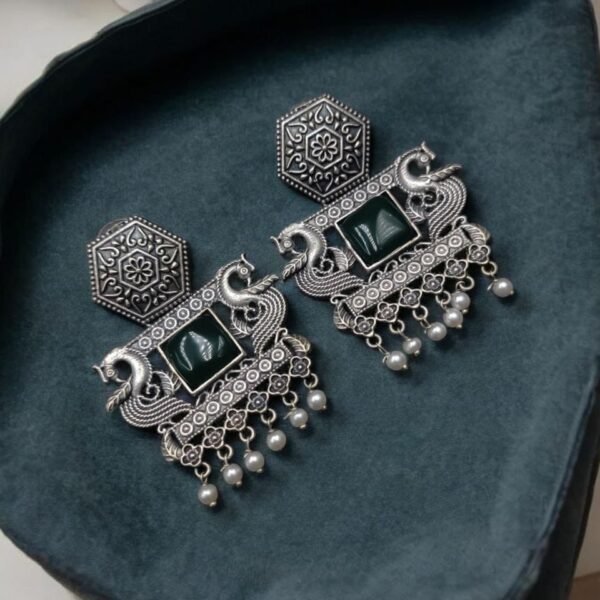 Dangler Peacock Earrings | Best Oxidised Monalisa Silver Replica Earring With Pearl Beads - "Green"