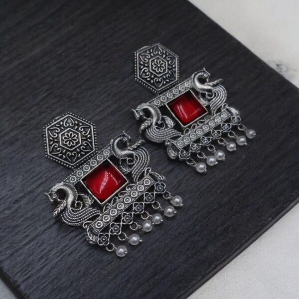Dangler Peacock Earrings | Best Oxidised Monalisa Silver Replica Earring With Pearl Beads - "Red"