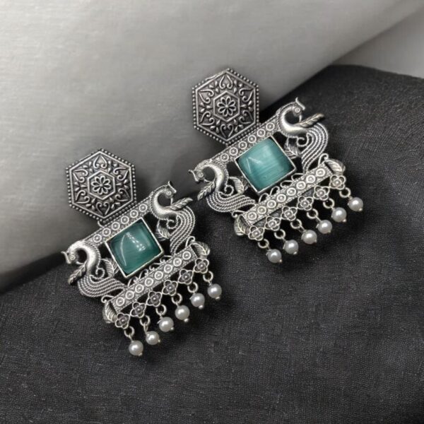 Dangler Peacock Earrings | Best Oxidised Monalisa Silver Replica Earring With Pearl Beads - "Mint"