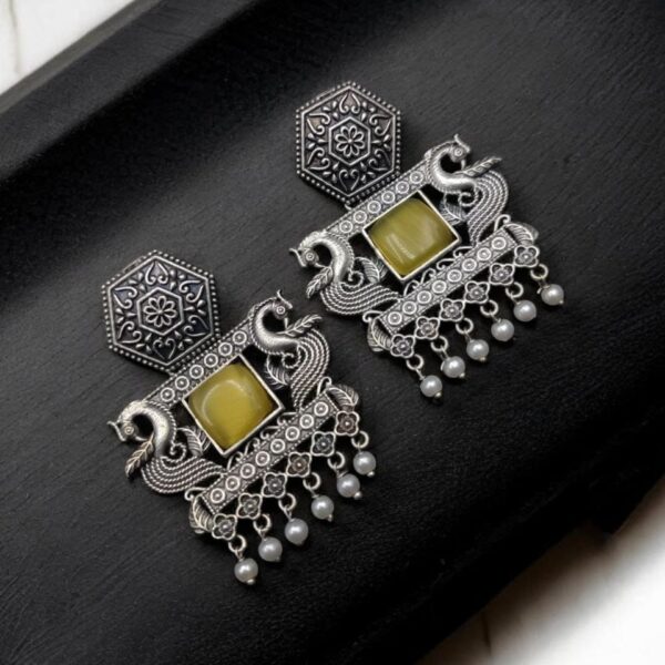 Dangler Peacock Earrings | Best Oxidised Monalisa Silver Replica Earring With Pearl Beads - "Yellow"
