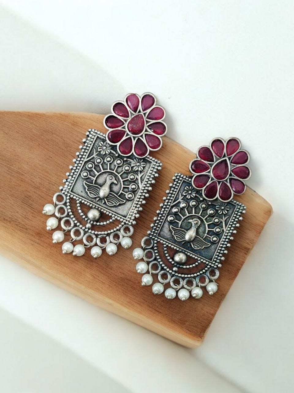 Silver Replica Peacock Stud Earrings | Unique Antique Stone Studs