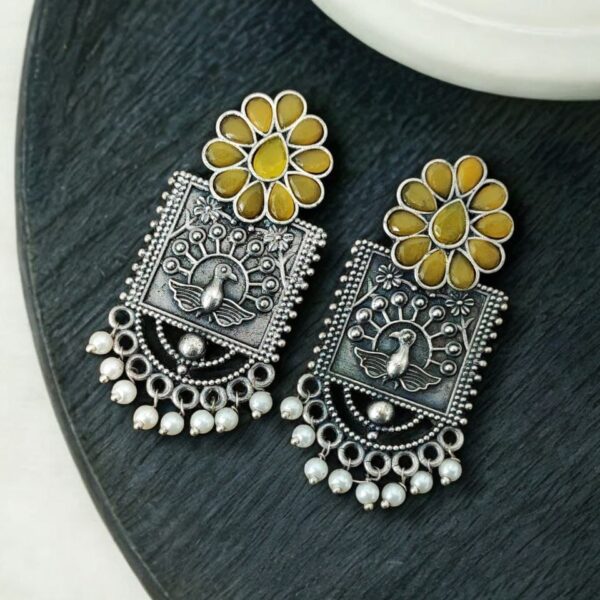 Silver Replica Peacock Stud Earrings | Unique Antique Stone Studs - "Yellow"