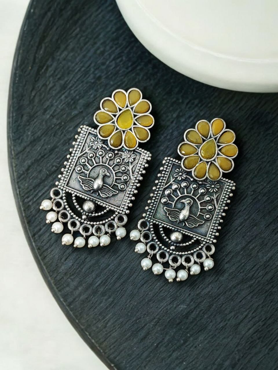 Silver Replica Peacock Stud Earrings | Unique Antique Stone Studs - Image 2