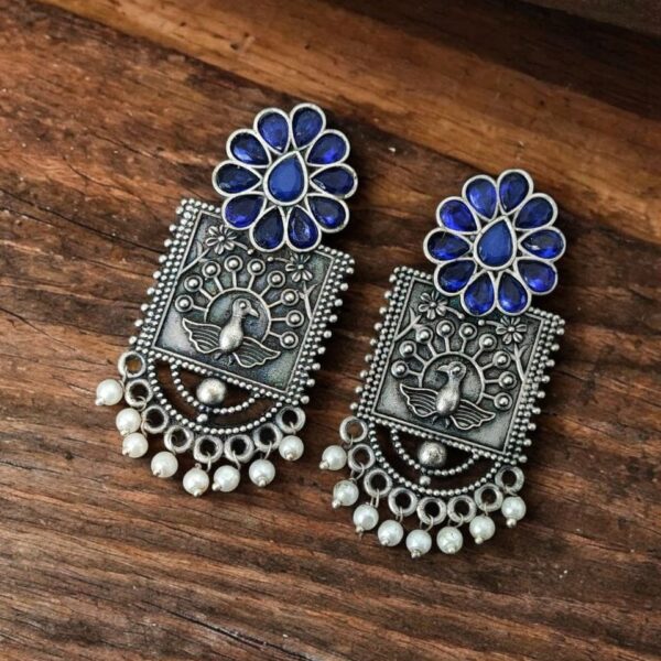 Silver Replica Peacock Stud Earrings | Unique Antique Stone Studs - "Blue"