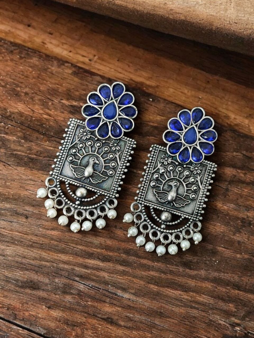 Silver Replica Peacock Stud Earrings | Unique Antique Stone Studs - Image 3