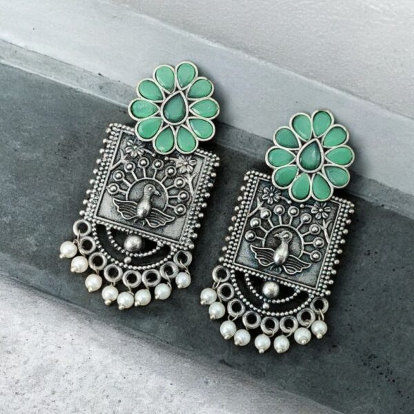 Silver Replica Peacock Stud Earrings | Unique Antique Stone Studs - "Mint"