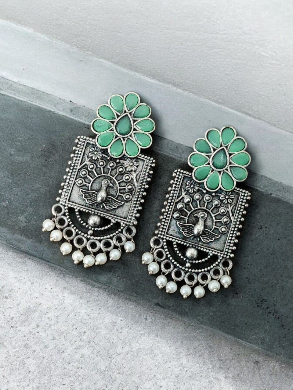 Silver Replica Peacock Stud Earrings | Unique Antique Stone Studs - Image 4