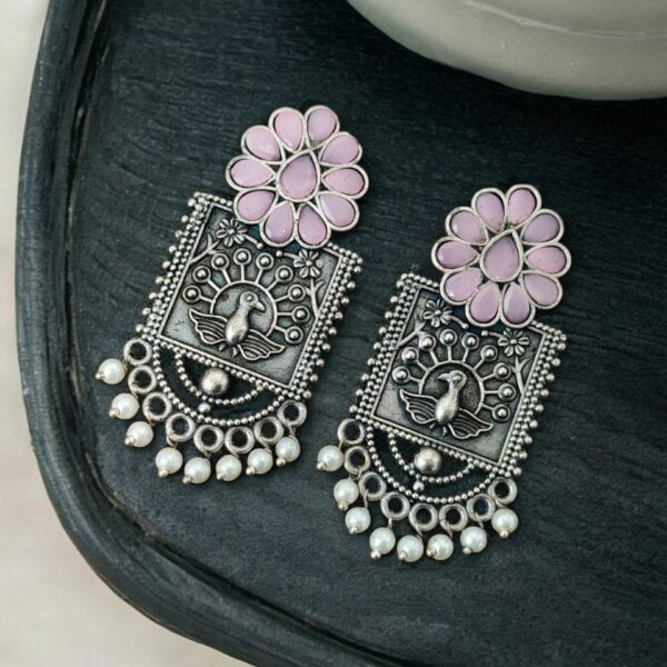 Silver Replica Peacock Stud Earrings | Unique Antique Stone Studs - "Babypink"