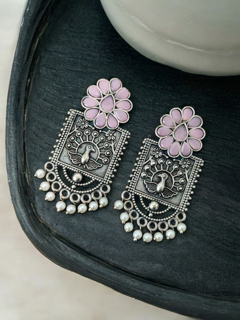 Silver Replica Peacock Stud Earrings | Unique Antique Stone Studs - Image 5