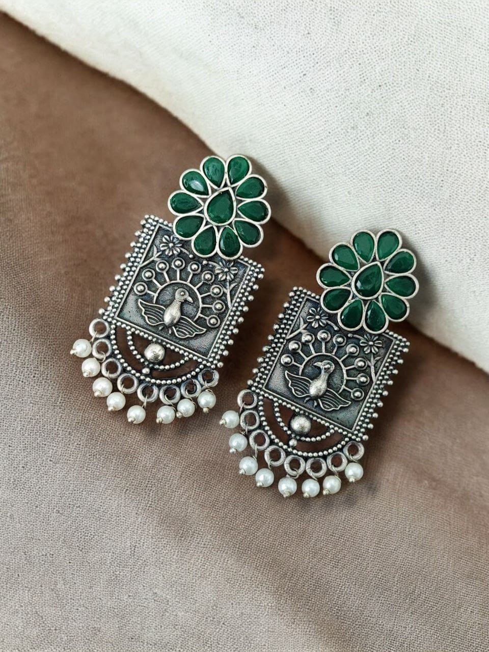 Silver Replica Peacock Stud Earrings | Unique Antique Stone Studs - Image 6