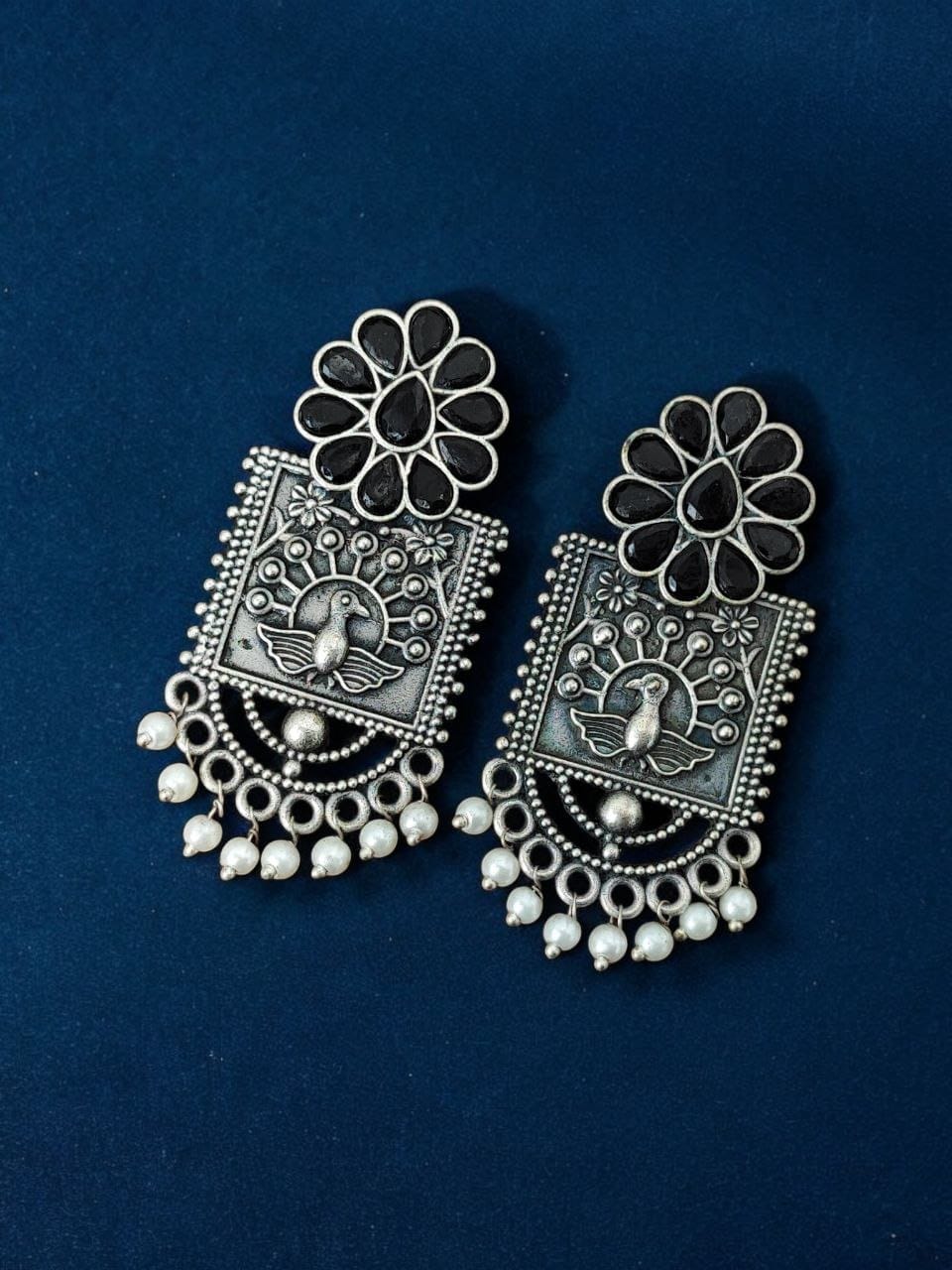 Silver Replica Peacock Stud Earrings | Unique Antique Stone Studs - Image 8