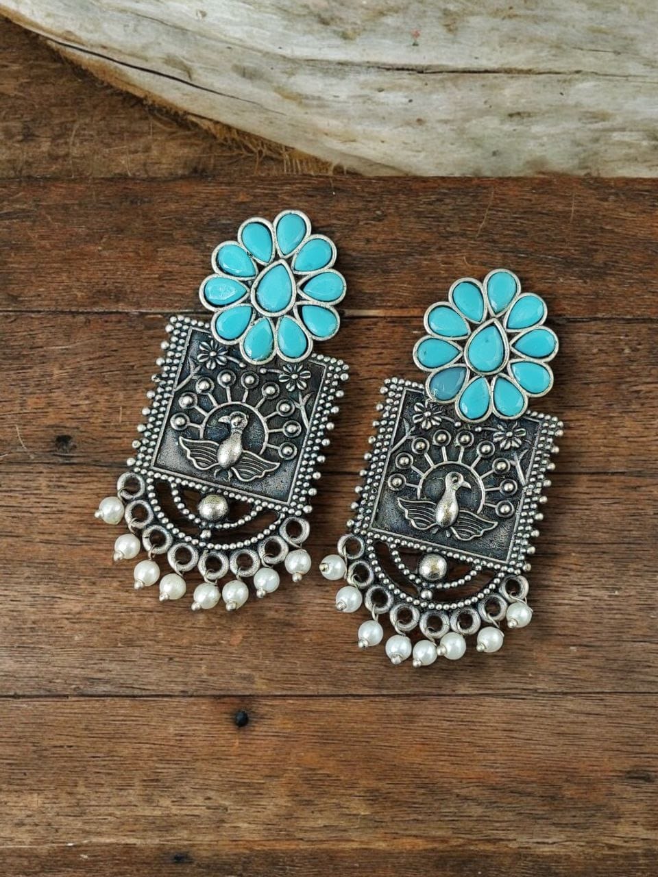 Silver Replica Peacock Stud Earrings | Unique Antique Stone Studs - Image 7