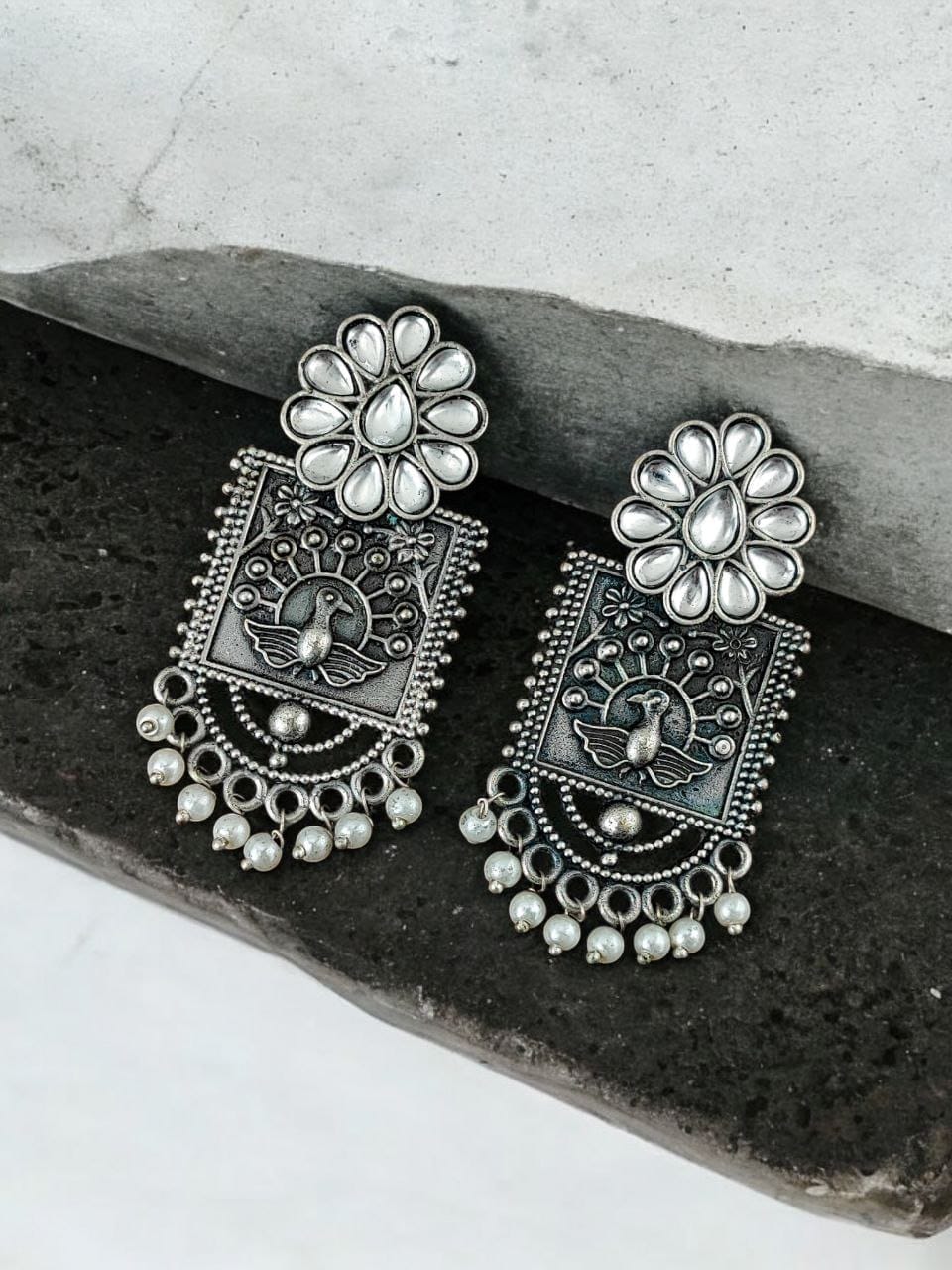 Silver Replica Peacock Stud Earrings | Unique Antique Stone Studs - Image 9