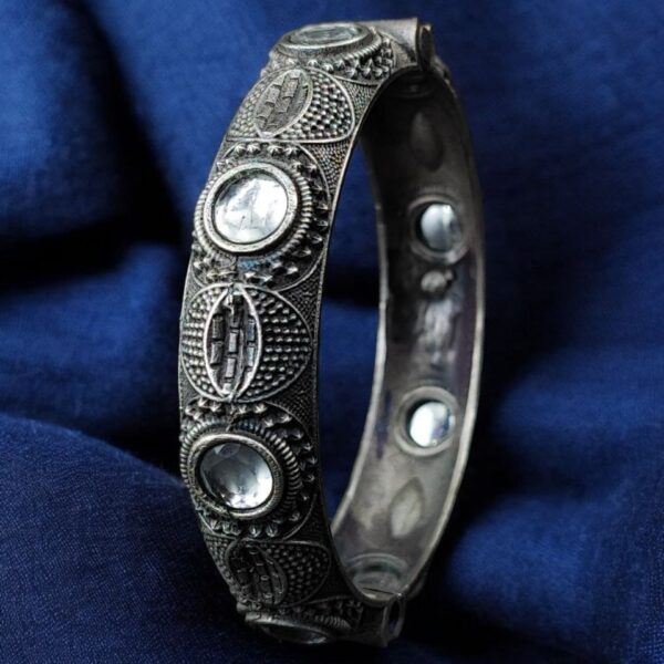 Elegant Silver Bracelet | Oxidized Stone Kada | Best Openable Style Bangle - "White"