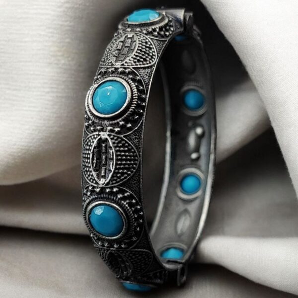 Elegant Silver Bracelet | Oxidized Stone Kada | Best Openable Style Bangle - "Turquoise"