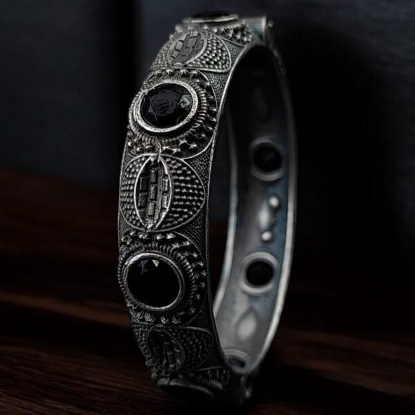 Elegant Silver Bracelet | Oxidized Stone Kada | Best Openable Style Bangle - "Black"