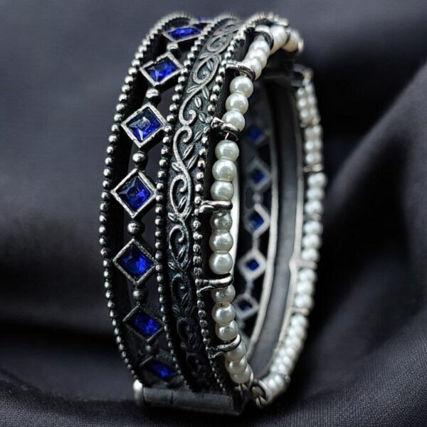 Antique Oxidized Kada / Bracelet With Pearl Work | Best Silver Plated Bangle - "Blue"