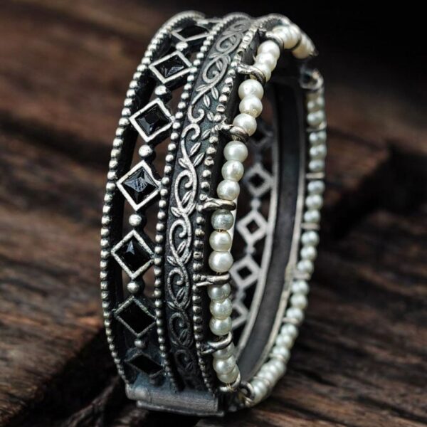 Antique Oxidized Kada / Bracelet With Pearl Work | Best Silver Plated Bangle - "Black"