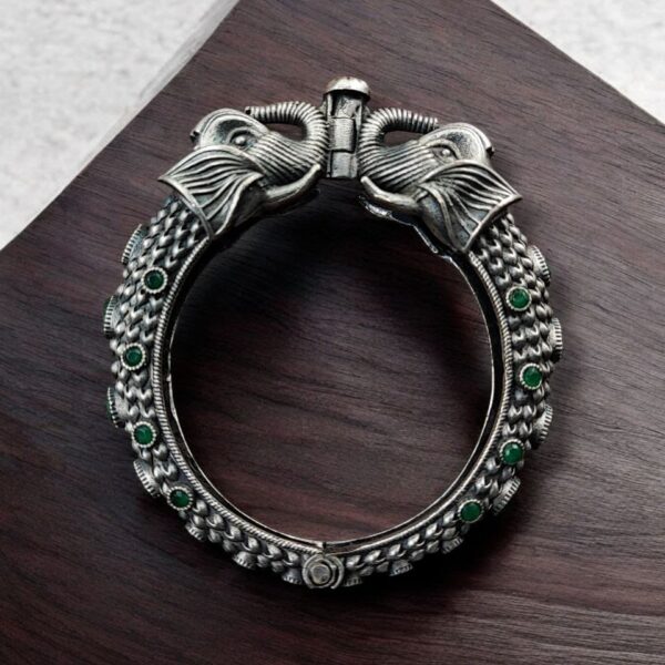 Silver Replica Designer Elephant Bracelet / Kada | Best Oxidized Bangles - "Green"