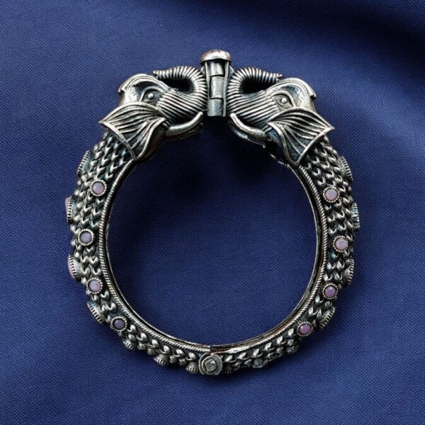 Silver Replica Designer Elephant Bracelet / Kada | Best Oxidized Bangles - "Babypink"