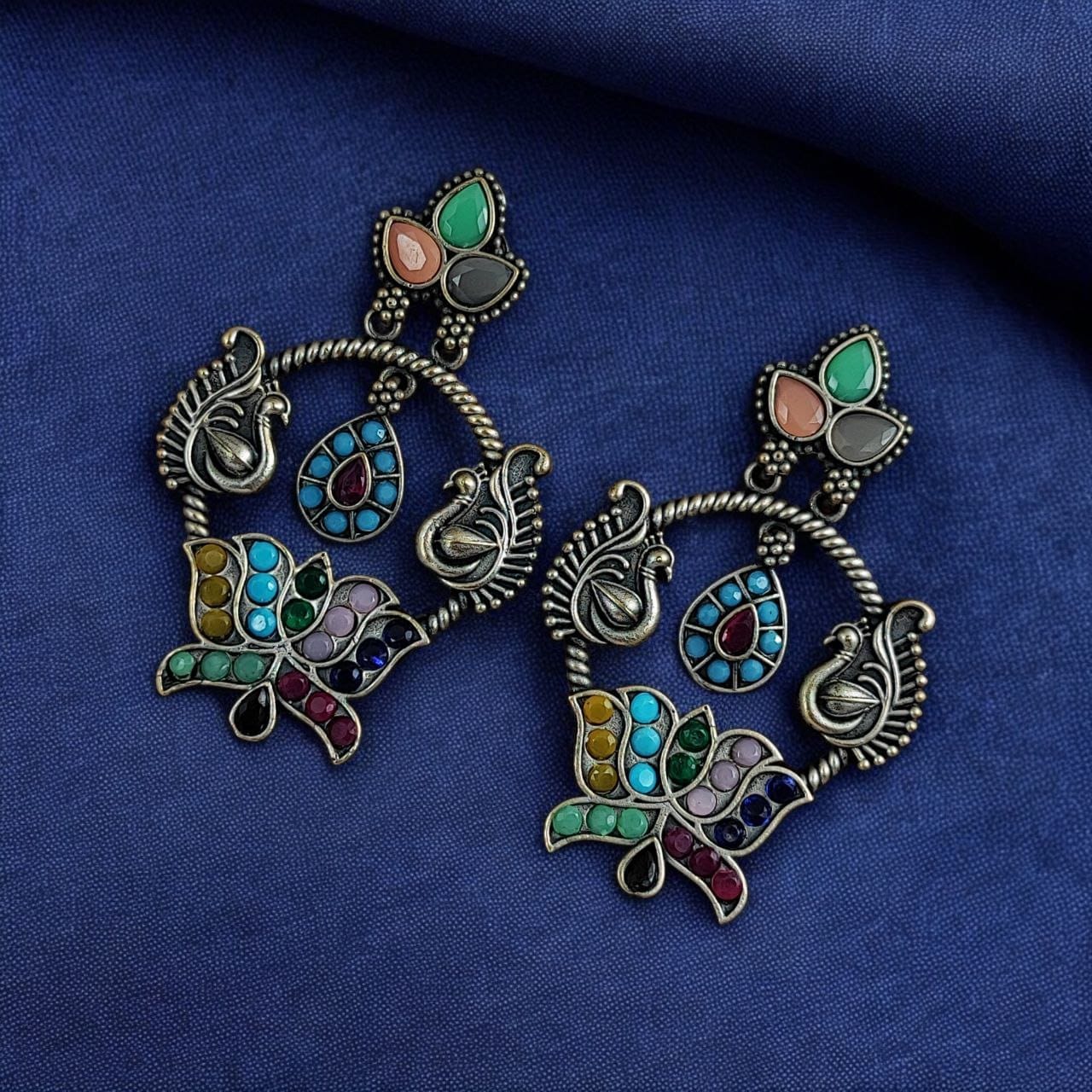 Peacock Design Earrings | Unique Stone Work Dangler Stud Jewelry - Image 7