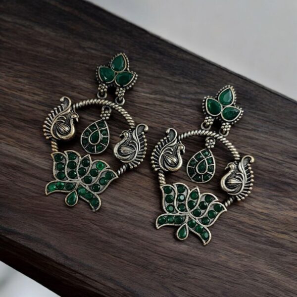 Peacock Design Earrings | Unique Stone Work Dangler Stud Jewelry - "Green"