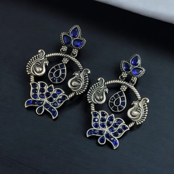 Peacock Design Earrings | Unique Stone Work Dangler Stud Jewelry - "Blue"