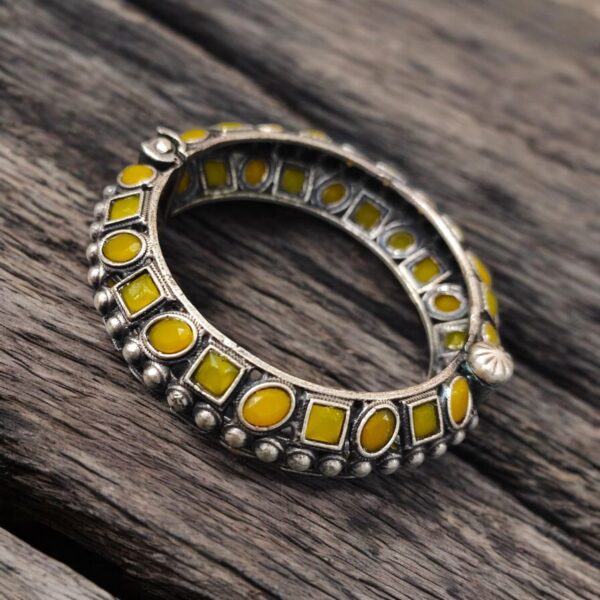 Silver Look Like Stone Work Kada | Traditional Openable Bracelet - "Yellow"