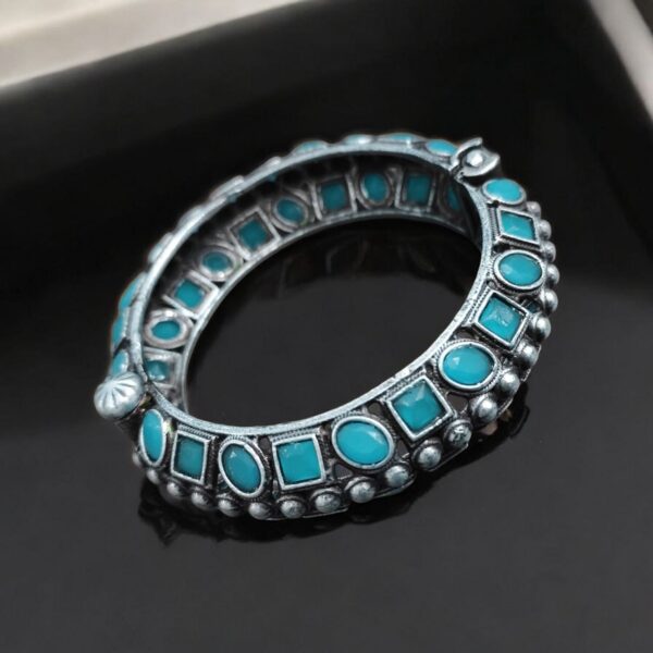 Silver Look Like Stone Work Kada | Traditional Openable Bracelet - "Turquoise"