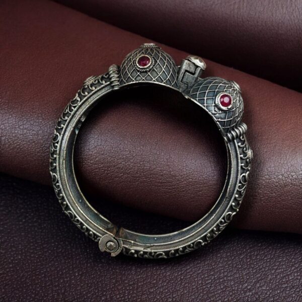 Antique Silver Bracelet | Oxidized Kada with Stone Work | Best Openable Bangle - "Red"
