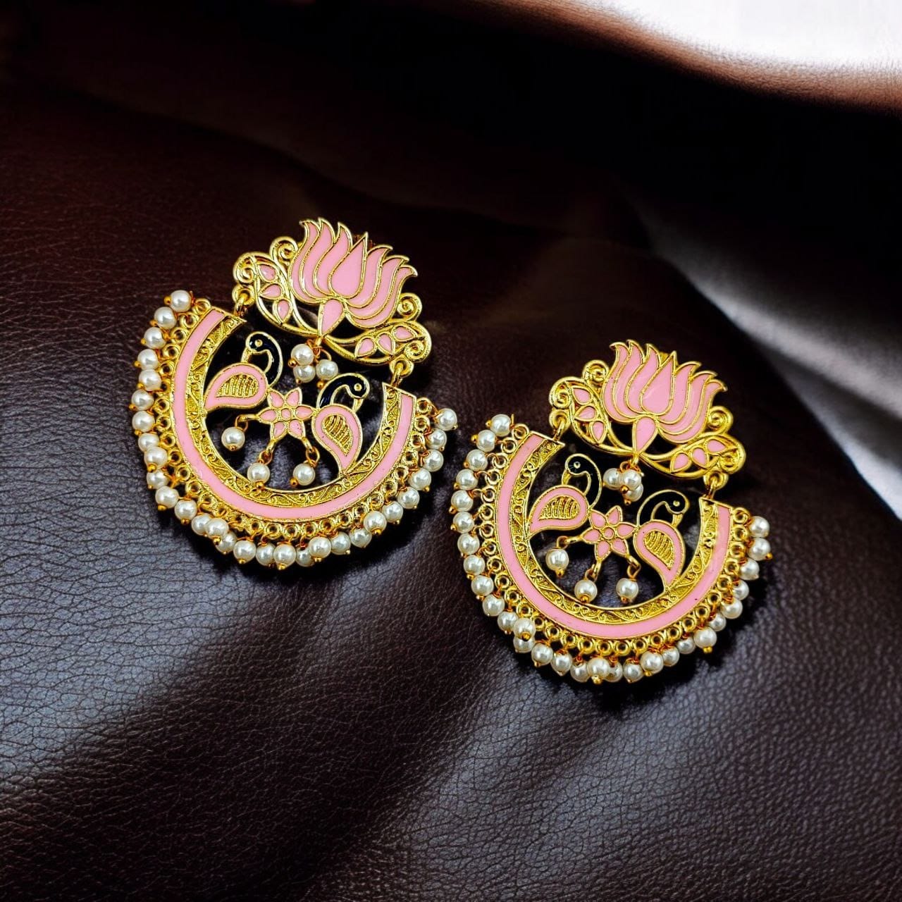 Elegant Gold Plated Earrings with Meenakari: Contemporary Lotus and Peacock Design - Image 9