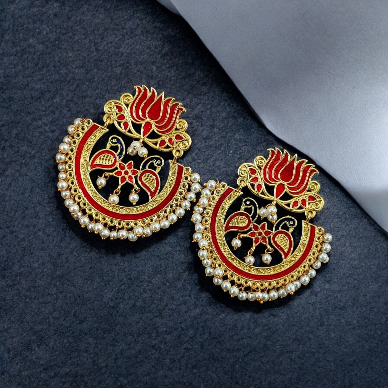 Elegant Gold Plated Earrings with Meenakari: Contemporary Lotus and Peacock Design - Image 8