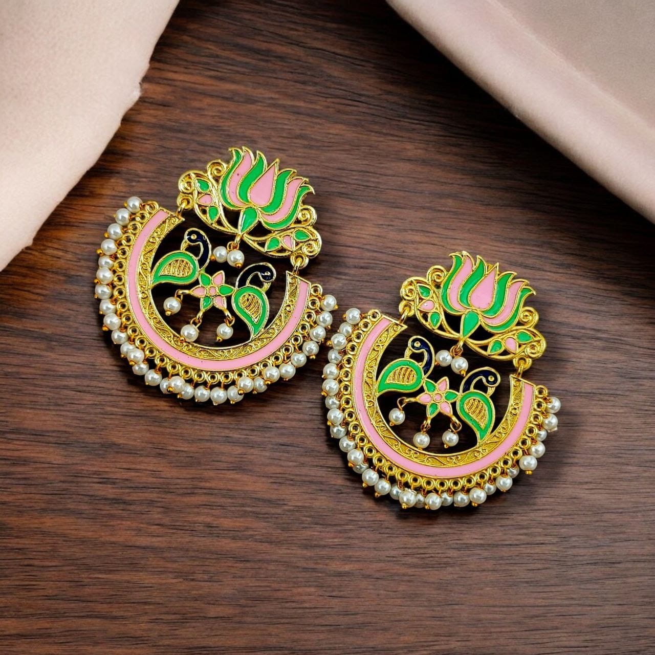 Elegant Gold Plated Earrings with Meenakari: Contemporary Lotus and Peacock Design - Image 7