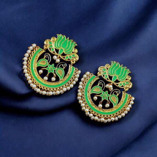 Elegant Gold Plated Earrings with Meenakari: Contemporary Lotus and Peacock Design - "Mint"