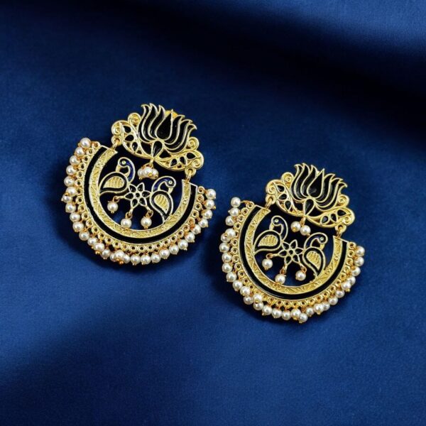 Elegant Gold Plated Earrings with Meenakari: Contemporary Lotus and Peacock Design - "Black"