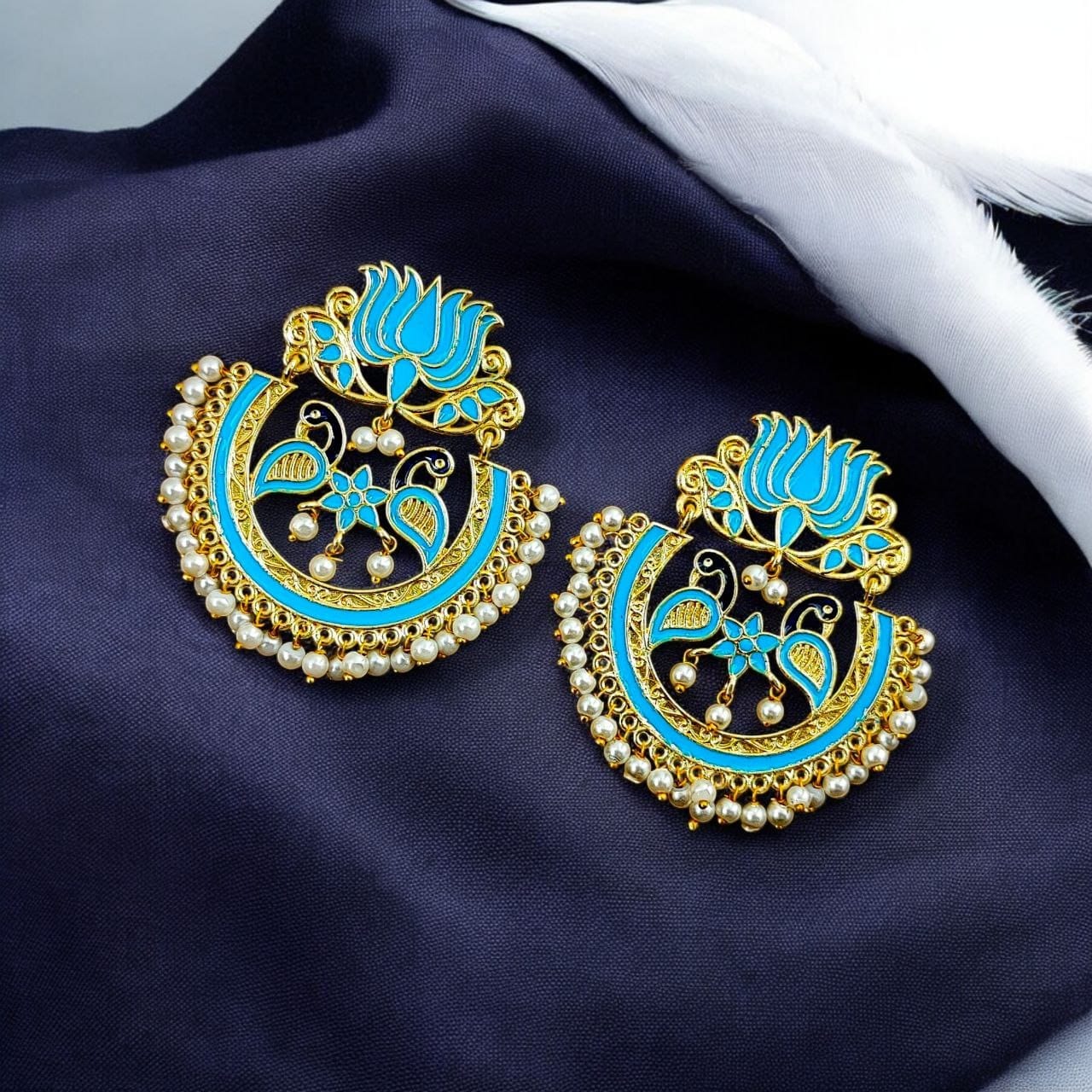 Elegant Gold Plated Earrings with Meenakari: Contemporary Lotus and Peacock Design - Image 5