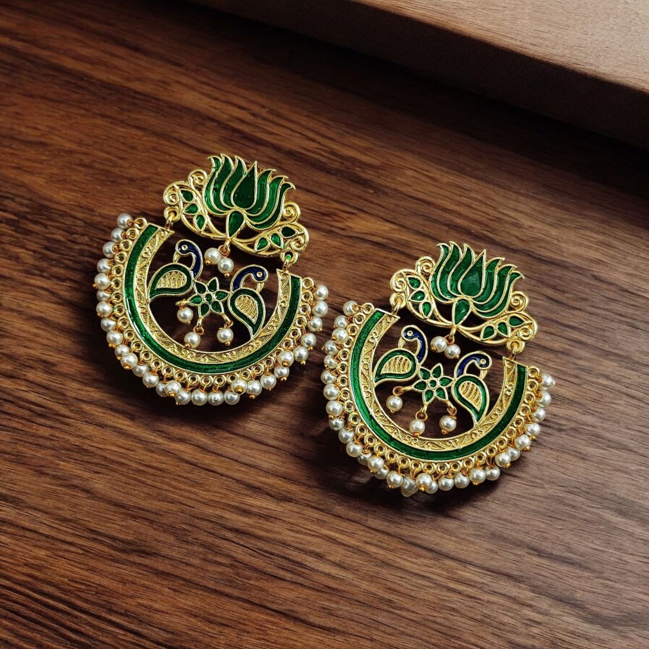 Elegant Gold Plated Earrings with Meenakari: Contemporary Lotus and Peacock Design - Image 3