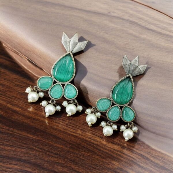 Antique Silver Touch Studs Earrings | Unique Monalisa Stones Jewelry - "Mint"