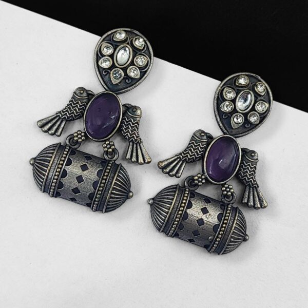 Handcrafted Antique Silver Bird Jhumkis | Best Traditional Dangler Earrings - "Amethyst"