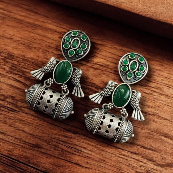 Handcrafted Antique Silver Bird Jhumkis | Best Traditional Dangler Earrings - "Green"